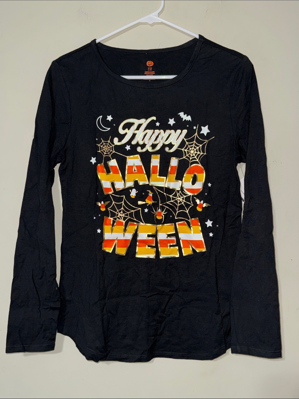 Time and Tru ladies Happy Halloween spider webs candy corn bats gold
